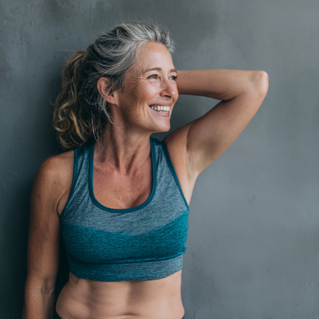50 years old woman smiling after workout session with visible satisfaction