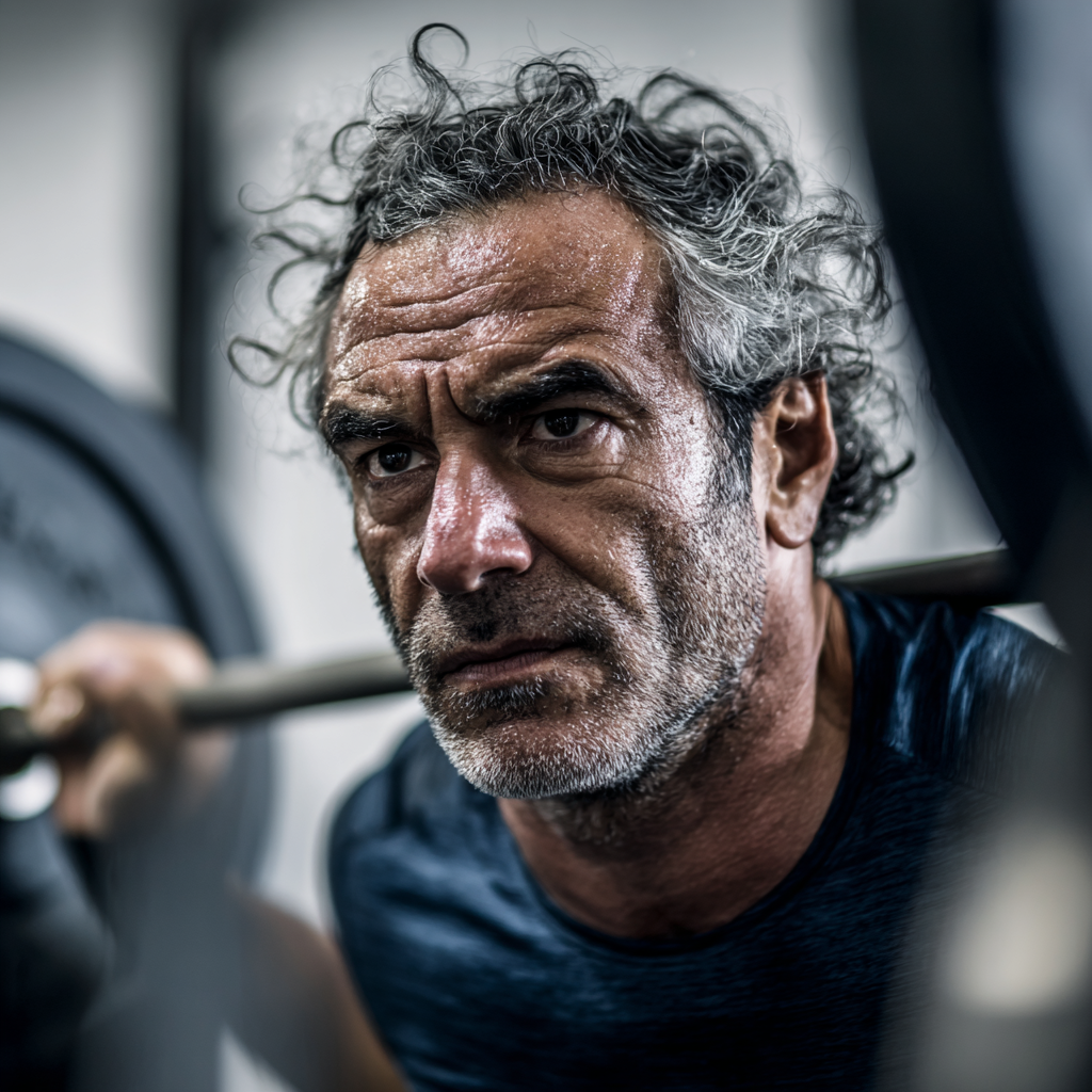 51 years old Man during strength training with focused expression