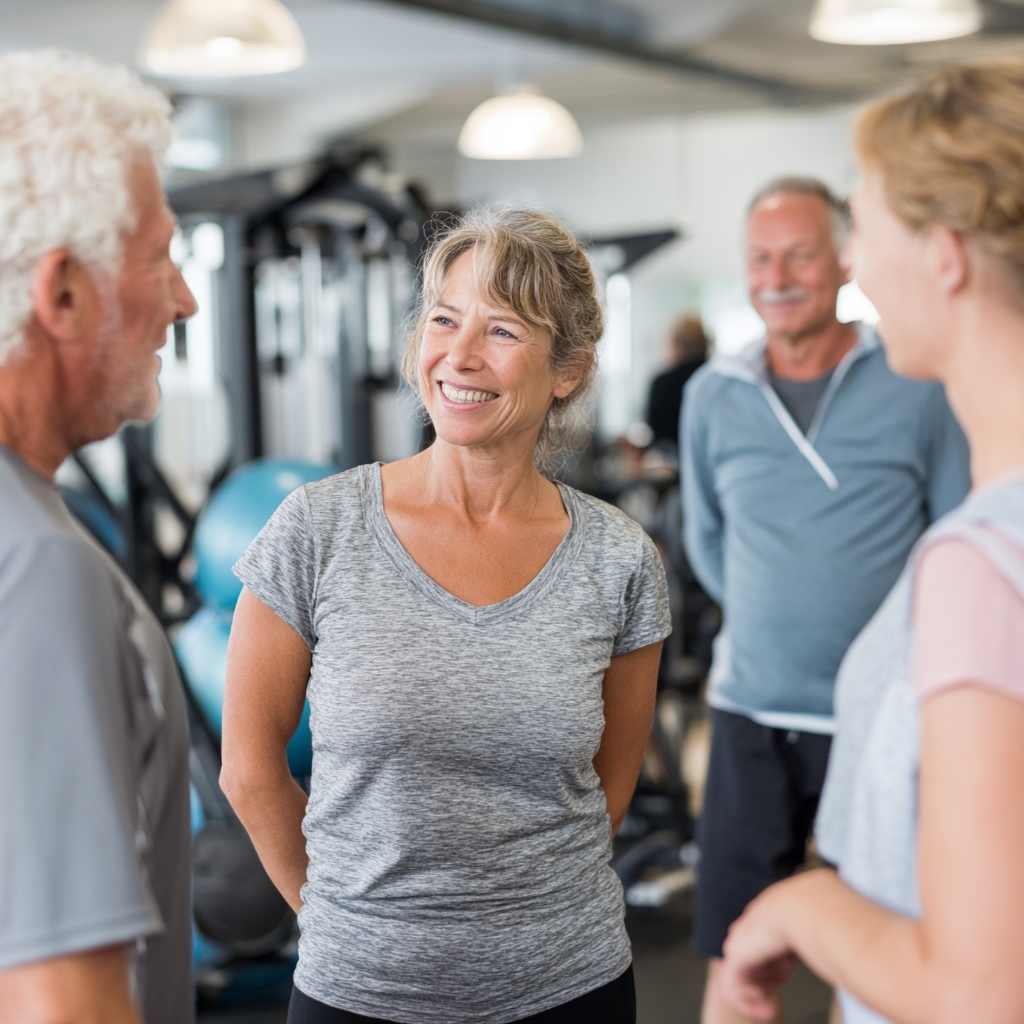 Friendly 52 years old fitness instructor explaining exercise technique to mature adults in welcoming gym environment
